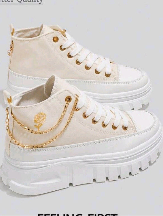 Shoes - Platform High-Top Sneakers in Cream with Gold Chain Accent